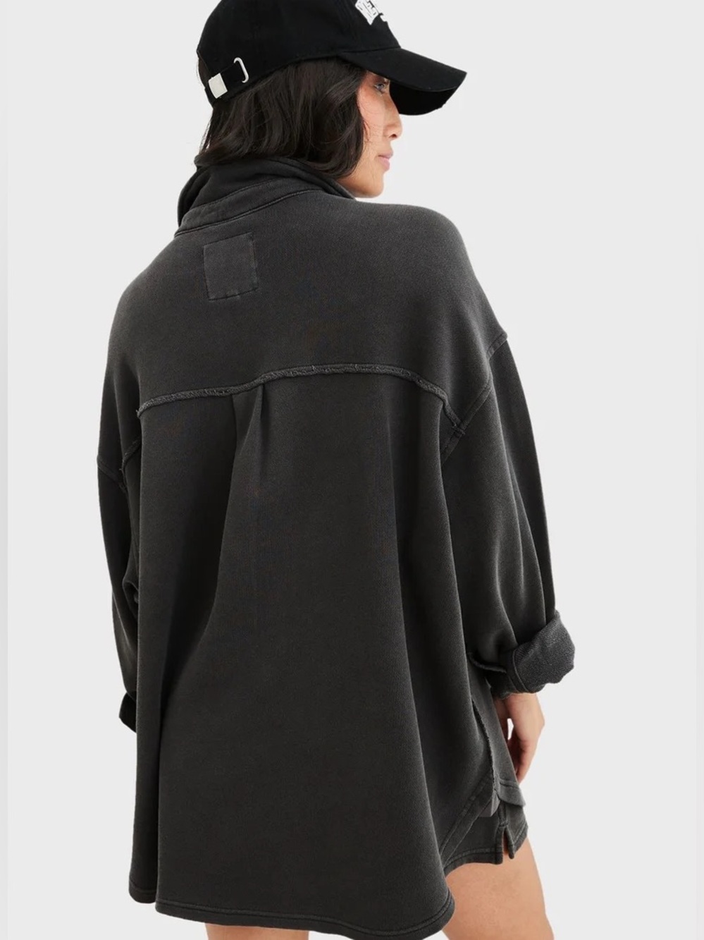 Aerie Washed Charcoal Oversized Fleece Button Down Sweatshirt - Picture 2 of 11